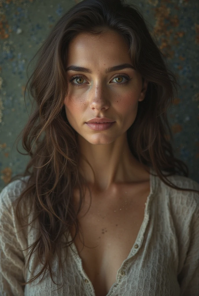 photorealistic image of a young Caucasian Christian woman in her mid-20s, with long, slightly tousled brunette hair and deep blue eyes. She is standing still, she's looking straight in front, with a somber and reflective expression, as if she's about to sing a heartfelt, confessional song. Her face is subtly flushed, with tears gently forming in her eyes, conveying deep emotion and vulnerability. The background is softly lit, minimalistic, with a gentle, warm light casting soft shadows to enhance the depth of her emotions. Her clothing is simple and modest, a light knit top that adds to her natural, down-to-earth appearance. The overall mood should evoke a sense of quiet introspection, repentance, and a longing for redemption.