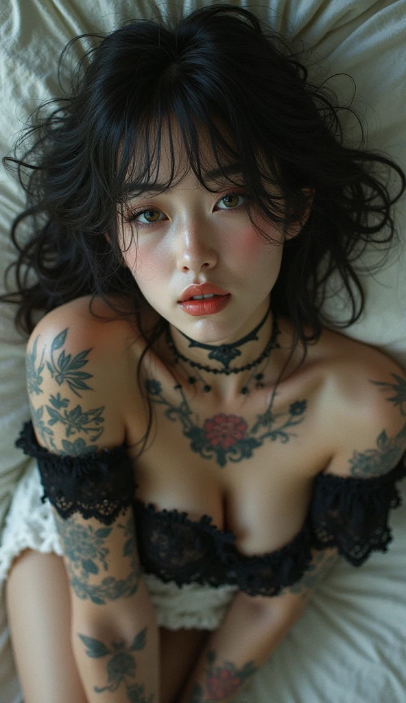 ((Best quality, 8k, Masterpiece :1.3)), Sharp focus :1.2,  ((Big breasts :1.8)), (((Beautiful geisha in kimono. Bare shoulder. Tattooed)), Sleep. Hug affectionately. Wrapped in a blanket ((Sleep on the mattress)).  °Half body photo° Tattooed skin texture. Tattooed hands. Tattooed neck_Face detail texture. And eyes. Double eyelids.mix4, 20d,Hiper-realistis:1.37),16K HD,
