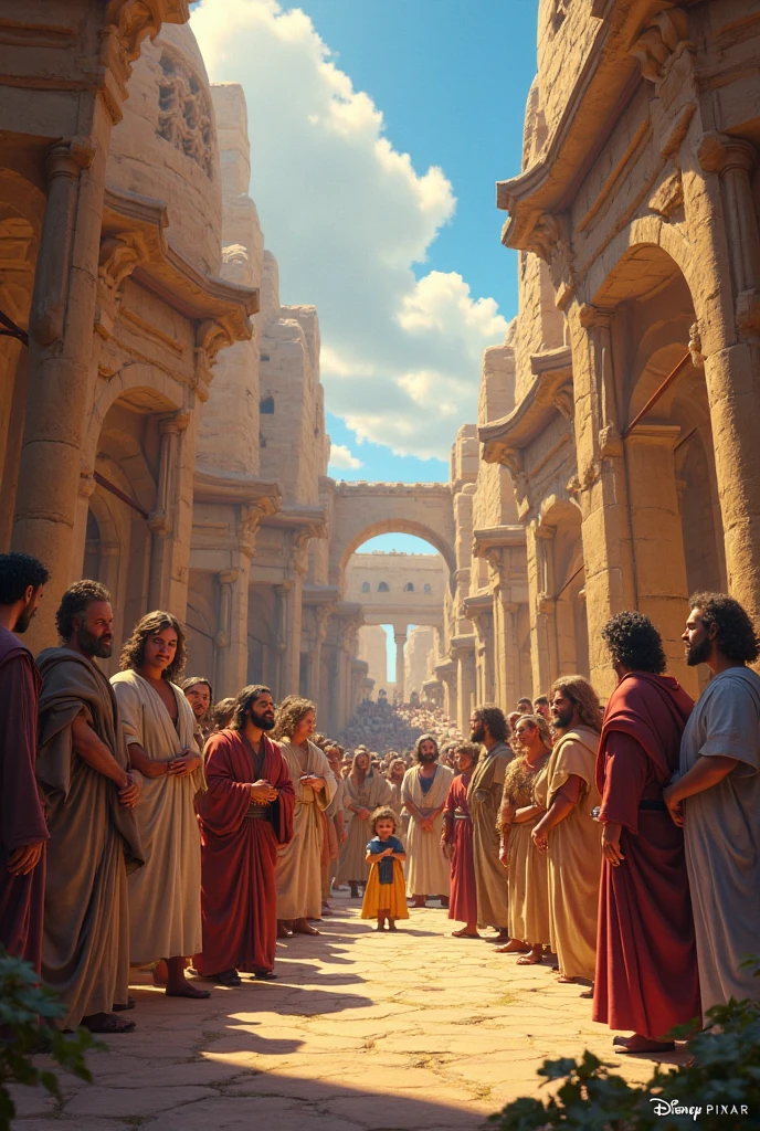 Joseph of Egypt, supervising the storage of grain in a large barn, with workers in the background. The sky is clear blue and reflects prosperity. happy and vibrant colors.