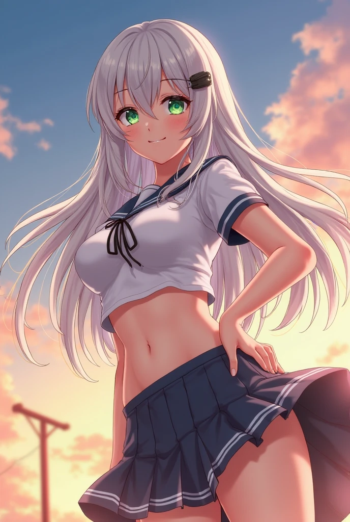 best quality,best resolution,(fluffy anthro furry :1.3),(young :1.6),cat girl,long hair,(dark grey hair :1.6),green eyes,sparkle eyes,glistering eyes,glowing eyes,(brown skin :1.6),white camisole,black skirt,legs in water,beach,sunbeam,shiny skin,sweating,soak body,sweating sexy girl,looking at viewer,full face blush,shy face,smile,heavy breath,very hot,low angle,open mouth,armpits