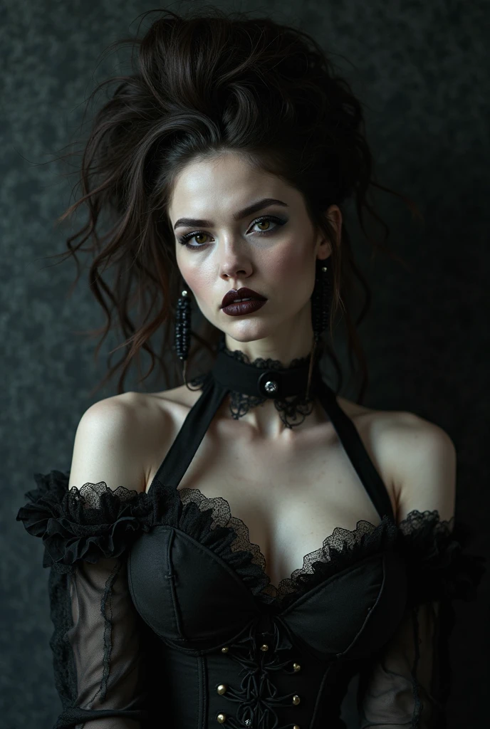 Photorealistic portrait of a vampire girl, У нее long light hair, Young woman, standing at full height in the dark, She is wearing a black short dress with a plunging neckline, Beautiful breasts, detailed chest, Black openwork stockings, black high heels, Detailed face, dark makeup, Seductive look, (sexual) Outside, fangs visible, Blood runs down his lips, bright glowing eyes. long light hair, realism, pale detailed skin, bright red eyes, very detailed skin, loose hair, Realistic skin, Gothic attire, Canon,4K, mysterious, Gothic, Sexy beautiful vampire girl, High 8K Image Quality, detailed image 16K.