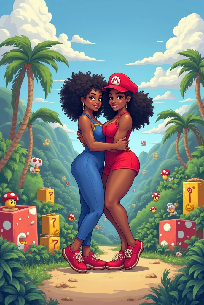 Best quality, duo mature woman, giant breasts, giant ass, very curvy, tanned skin, dyed curly blue hair, salmon pink eyes, full lips, seductive, wet tank top, booty shorts, hibiscus flower, bimbos, thick thighs, curvy physique, twins