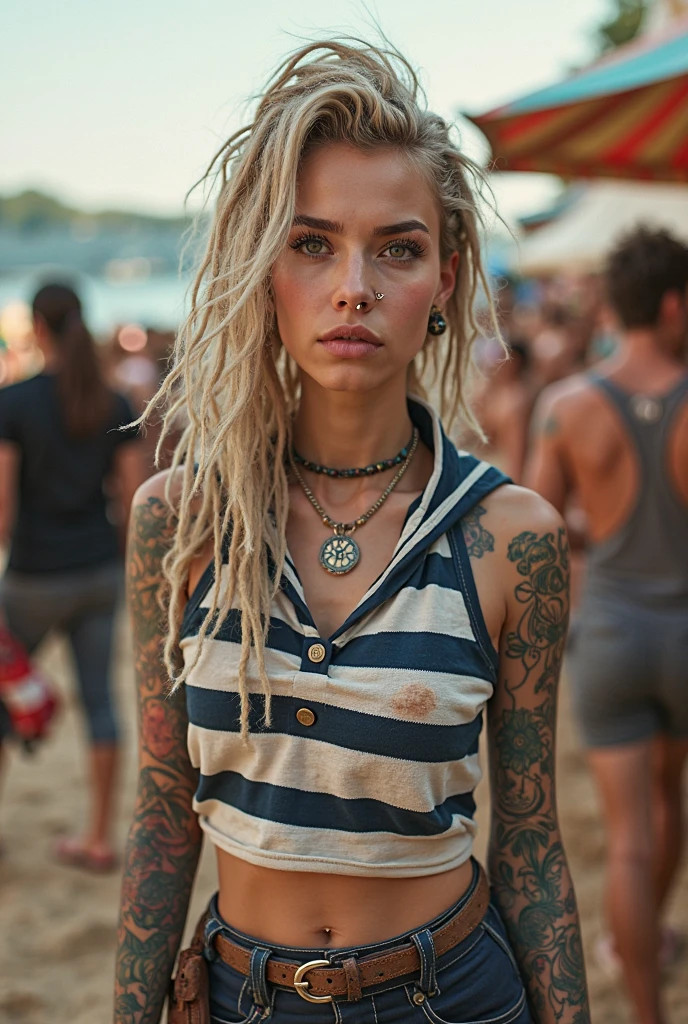 Canon Mark V, low iso, high exposure, high contrast, bokeh effect, (Norwegian (thick) pale white skinned woman, blue eyes, posing like a magazine super model). 3/4 portrait from thighs to head of a naked blonde pale white skinned Norwegian woman with dreadlocks and hairy pussy at an outdoor music festival with people in the background. Sunlight shines through his dreadlocks. The sunlight hits directly on the naked body and face of the beautiful woman. The woman is happy and has dreadlocks in her hair, tattoos on her arms, a hairy vagina and she is sexy. The woman has a thin face and a big nose, red cheeks and thick lips. THE woman has a hippie aesthetic.
