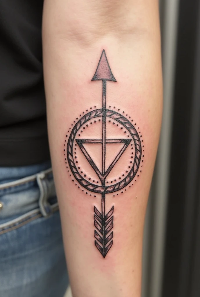 A tattoo in the direction of an arrow, with the astrological sign Gemini, a half moon with a sun inside, des petits triangles avec des petites étoiles abstraites tout le long et des petits coeurs en haut et en bas du tatouage, pour le bras d'une femme