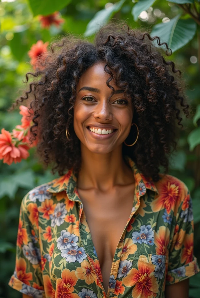 A Brazilian woman in a lush tropical garden, wearing an open shirt with a floral print, with a close-up capturing the harmonious beauty between her breasts and the natural flowers, showing off your natural charm and outgoing personality.