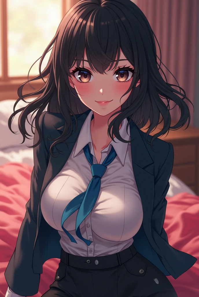 Sexy girl,long ponytail, school dress, midium boobs,3 buttons open at the chest