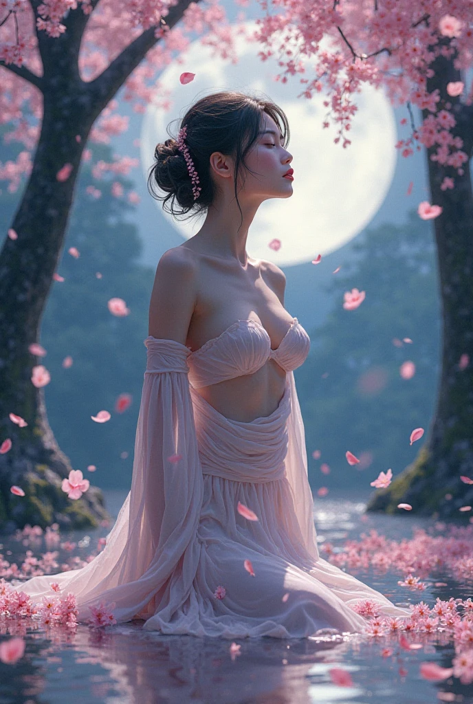 loose outfit、Show shoulders、Navel Ejection、How to wear a gown with a dark see-through halter neck broken、Decorated with intricate patterns and pastel colors、Transparent material that makes the skin shine、Artistic depiction of seductive woman in gown with wet thin cloth and transparent skin, Floral and fantastic pattern with flowing silky traditional see-through skin。Her dress draped elegantly around her curvaceous figure、Emphasizes her charming silhouette。She's a gentle fireworks night、Dynamic Posing、Sexy Posing、bathed in the soft glow of moonlight。The scene is、With a hint of mystery and sensuality、It exudes an ethereal dreamy atmosphere。The image style is、Incorporates a blend of watercolor and digital illustration techniques.、It makes you feel delicate beauty and charm。Soft moonlit lighting、Cast gentle highlights and shadows on her mesmerizing features。Dynamic Posing、Bold poses、The hand is somewhere、see -through、show through、A sexy、Wet hair、Wet、cherry trees、flower petals、cherryblossom、The cherry tree、Sakura blizzard、buried、Transparent skin、Wet clothes、Chest Pulling、Translucent clothes、Eau、nudde、garterbelts、fishnet tights、huge moon、Upper body photography、masutepiece