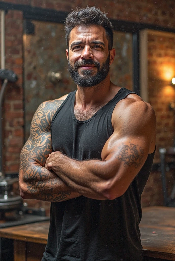 I would like to create a man with a six-pack, blue eyes, sem beard, with some tattoos on his arm and black hair. I want him in front of a mirror getting ready, wearing tight black clothes that show off his abs
