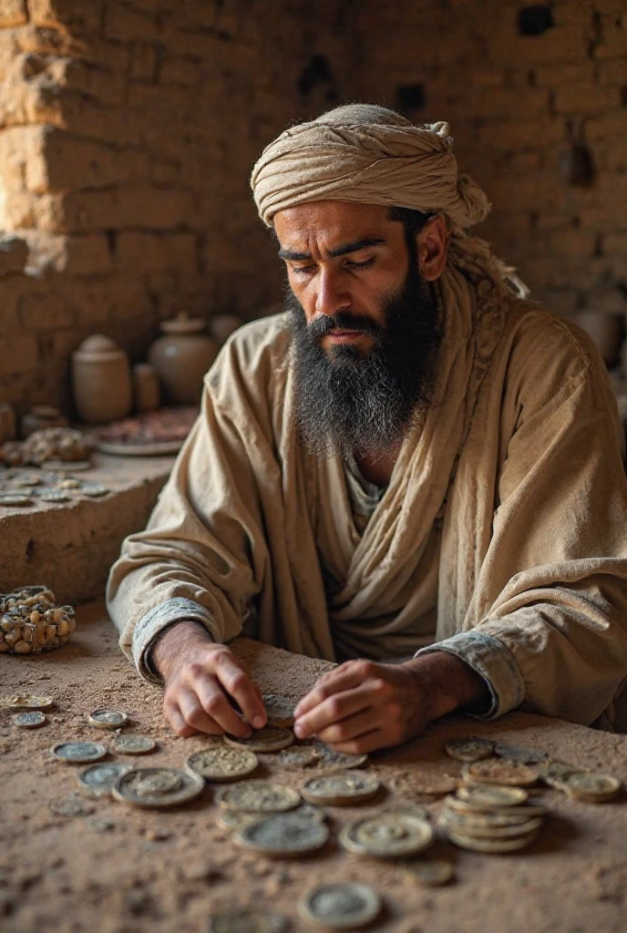 A close-up of a Marwari businessman carefully counting coins, representing their frugal nature.