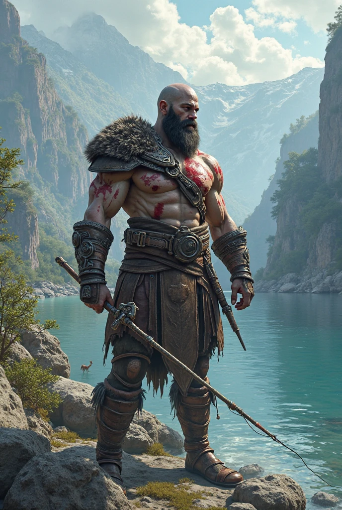kratosGOW_soul3142, scar, beard, bald, armor, looking at viewer, smiling, standing, full body shot, holding axe, outside, beach, ocean, overcast, raining, high quality, masterpiece,  <lora:kratos:.6>
