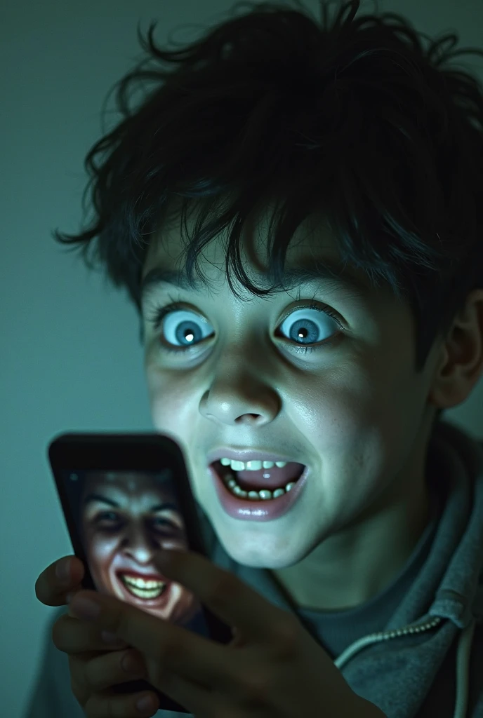 A young man laughs worriedly and shows his cell phone screen with his zombie grandmother