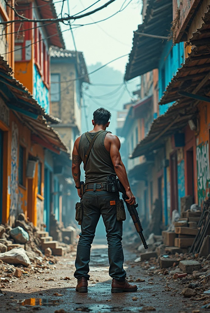 image depicting the favela, in a post-apocalyptic world, boy with gun (ak47), ak 47, shirtless boy, with scar, full body image, (extremely detailed CG unit 8K wallpaper, art, best quality, ultra -detailed, hdr :1.2), in slippers, background of houses one below the other, brick, mud floor, scar on the leg, house hallway, defiant look, apocalyptic scenario, fear, relista.