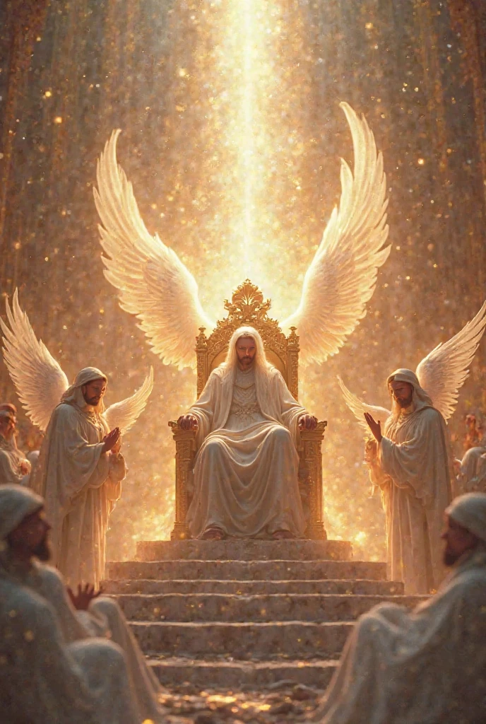 create an image according to how it is written in the bible in Isaiah:6-1 with the following descriptions: the Lord seated on a high and lifted up throne. His cloak spread throughout the entire temple, and around him were seraphim. Each with six wings: two covering their faces, two covering the body and two flying.
