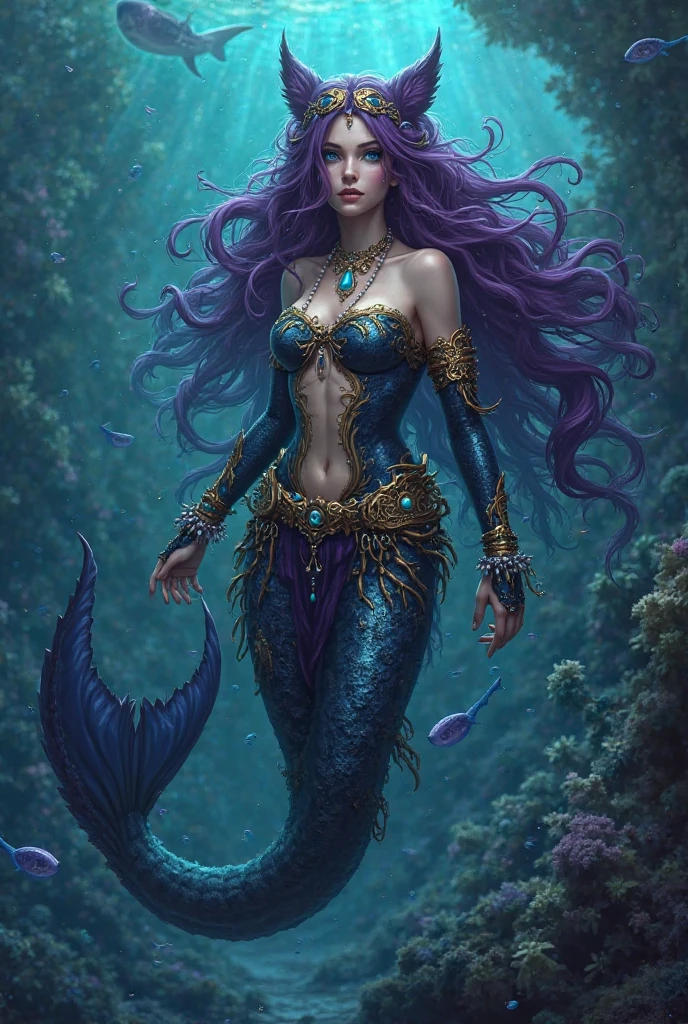 Create a photo of a mermaid heiress with purple scales like an amethyst and long, pink hair and holding a trident in her hand.