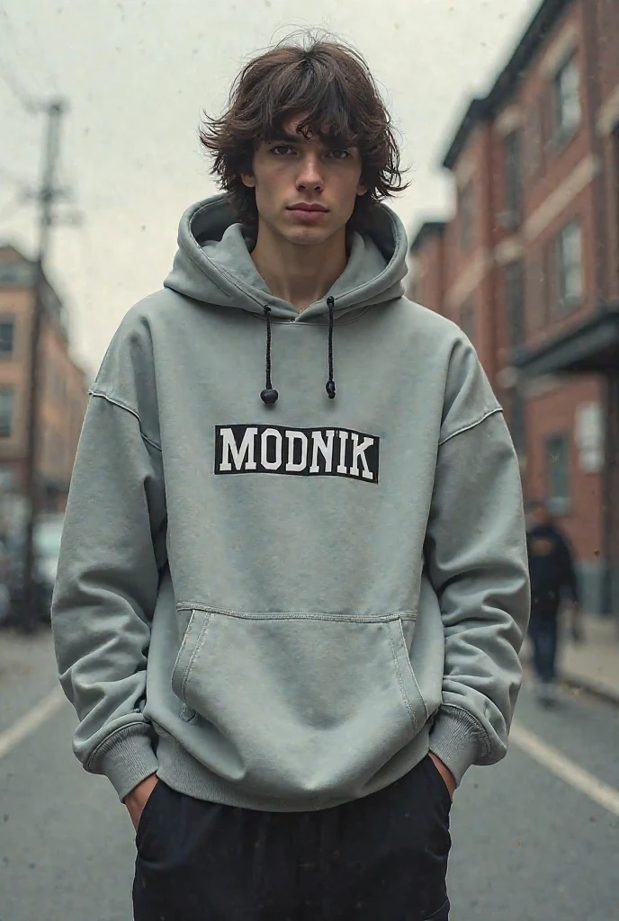 hot boy with strong muscles, 19 years old, buzz cut, standing on the street, hoodie, pants.