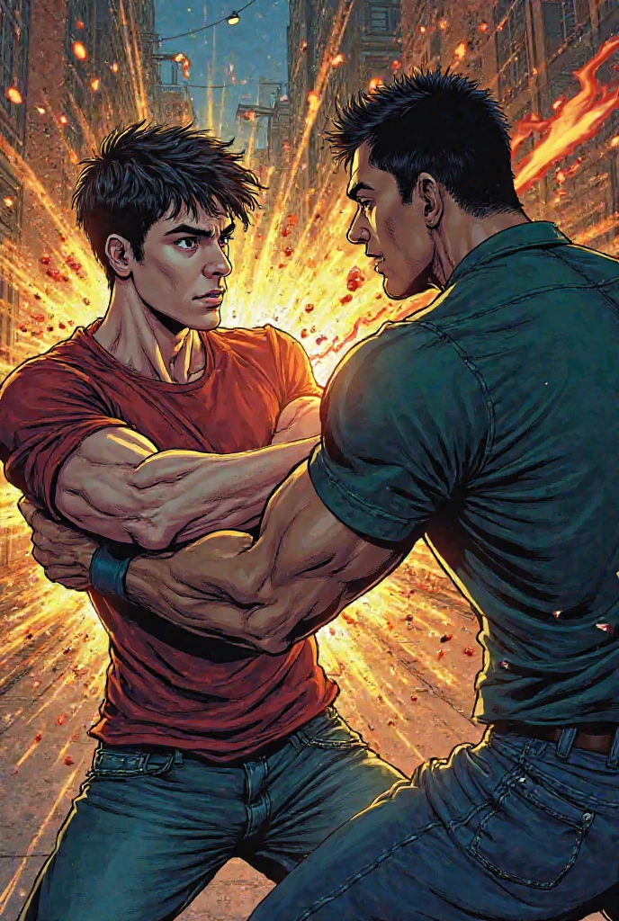 (NSFW: 1.5), Chris Redfield ,(man kneeling: 1.2) , (Seriously injured), (Close your eyes.), Open mouth, show teeth, (Wearing a navy blue round neck T-shirt with a police logo.: 1.3), (Navy blue jeans), Korean guy , korean men, (High gloss details), chest muscles, Big arm muscles, blood vessel, big muscles, Broad shoulders, looking at the audience, Balancing the eyes, (Make eye contact),(Torn shirt: 1.5), (wound: 1.3) , (blood splatters) ,( abrasions on face: 1.5), (Blood stains on the face and body: 1.5) ,(Torn shirt: 1.5) , (Look up: 1.1) , (genital very long big : 1.5), (Big testicles), (Erection of the penis: 1.5), middle of the road,(Fire blazes behind:1.3)