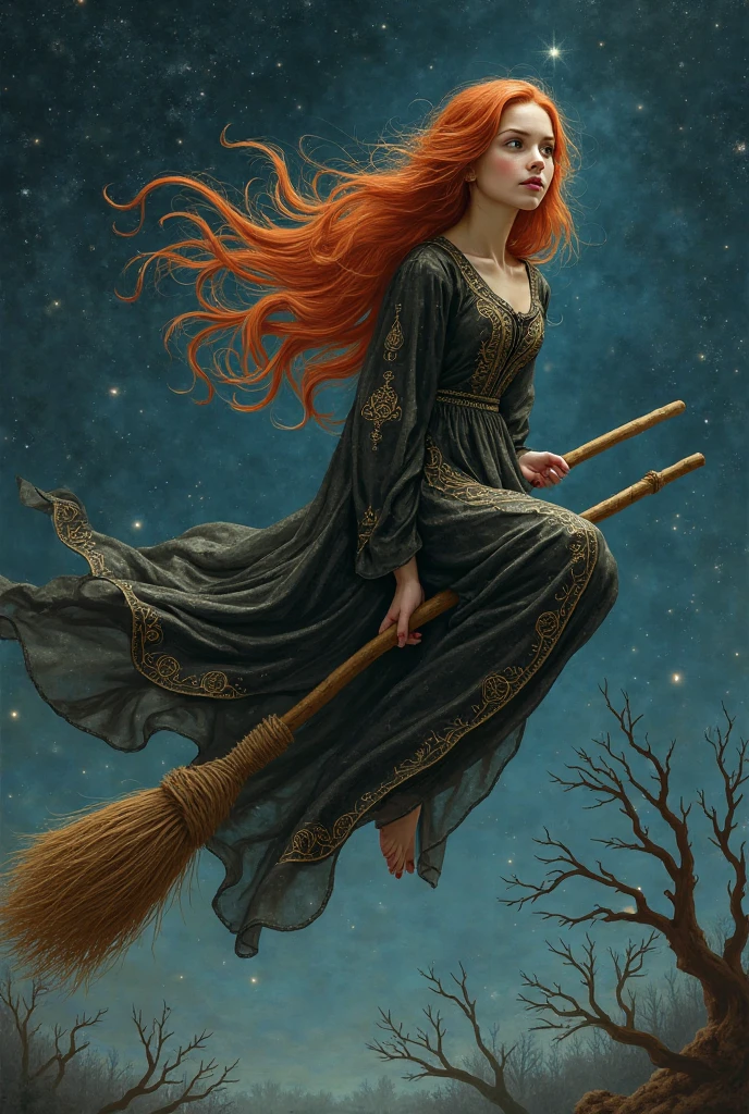 painting of a woman flying on a broom with a full moon behind her, flying on the broom, oil painting of cat witch, goddess of the hunt and the moon, goddess of the moon, bright witch, sky witch, mystical oil on linen, inspired by Leonor Fini, portrait of a norse moon goddess, broomstick, witch, witch woman