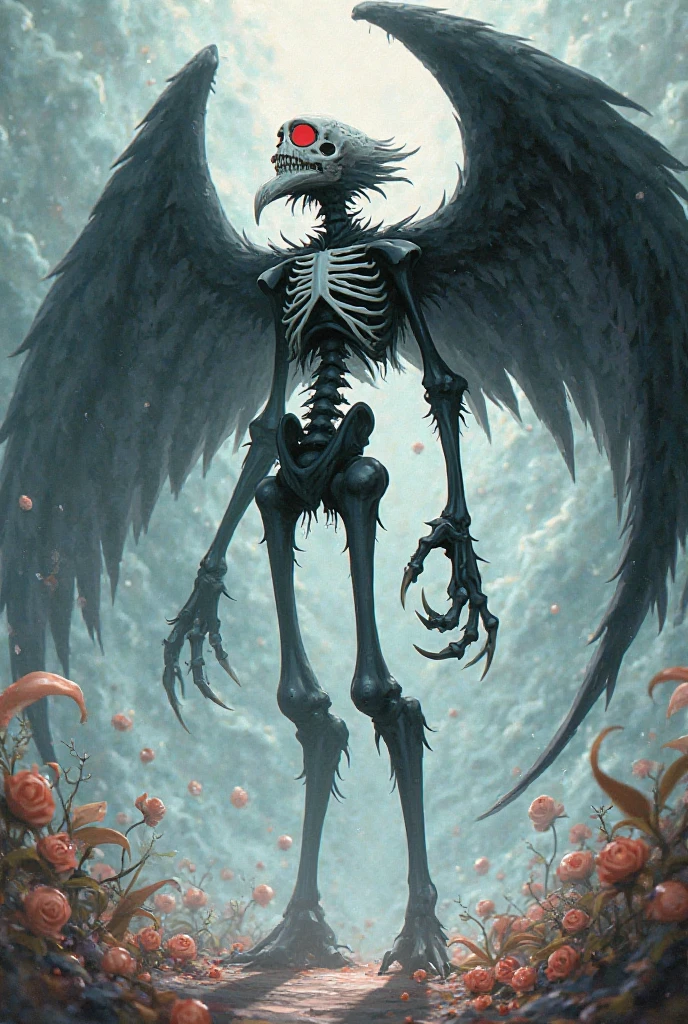 <lora:harpy-1_harpy-2--harpy-3_harpy-4:1.0>,
(harpy:1.1), (bird wings, bird legs:1.0), claws, bird tail,
1girl, dead, half skeleton, flowers