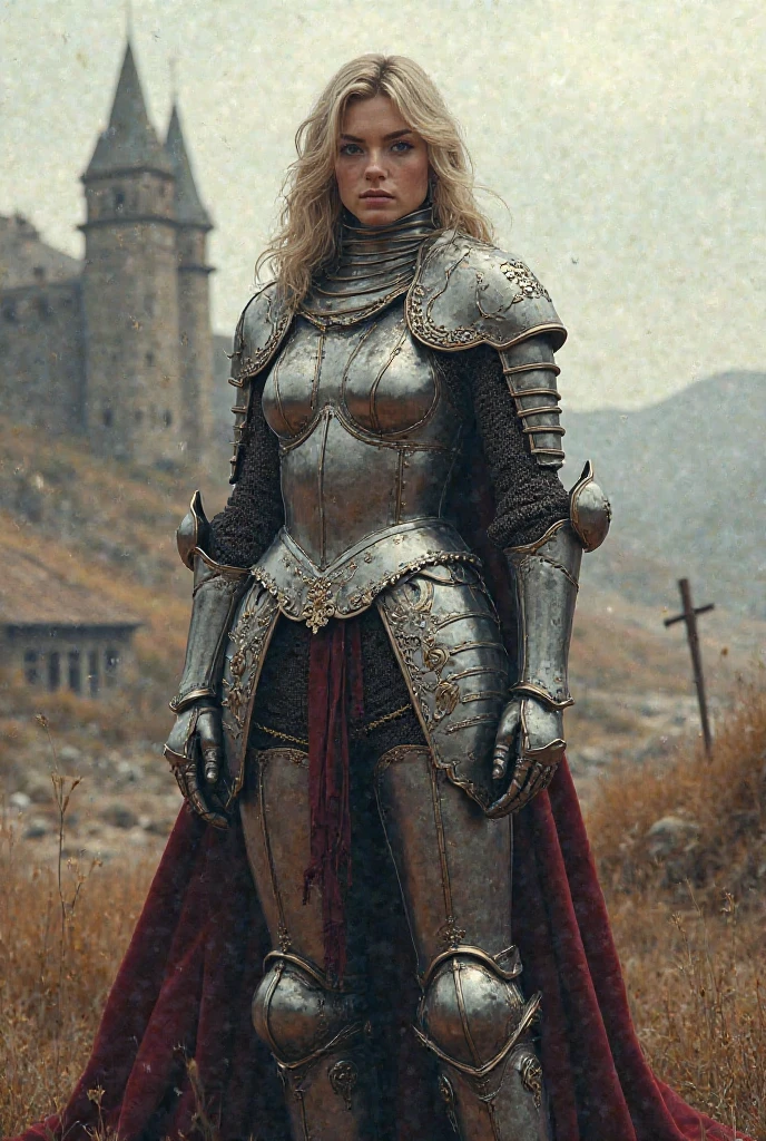 1 woman, cathedral knight,Armor, 검은stockings, attractive description, Staring straight ahead, outdoor, Templar, heavy armor, Full plate armor, blue dress, No twin cuffs, flag, Japanese sword, battlefield, Beauty, pretty face, 팬티stockings, White skin, 팬티stockings, stockings, face transformation