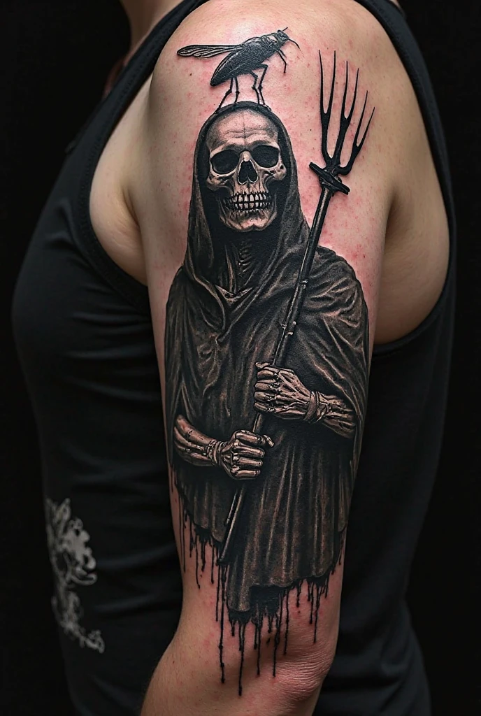 Skull tattoo idea with black cape and 3 golden teeth with a staff in hand