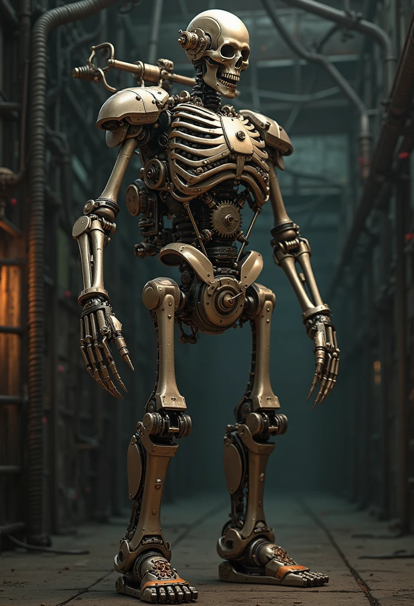 robot skeleton, steampunk, gears, full body image