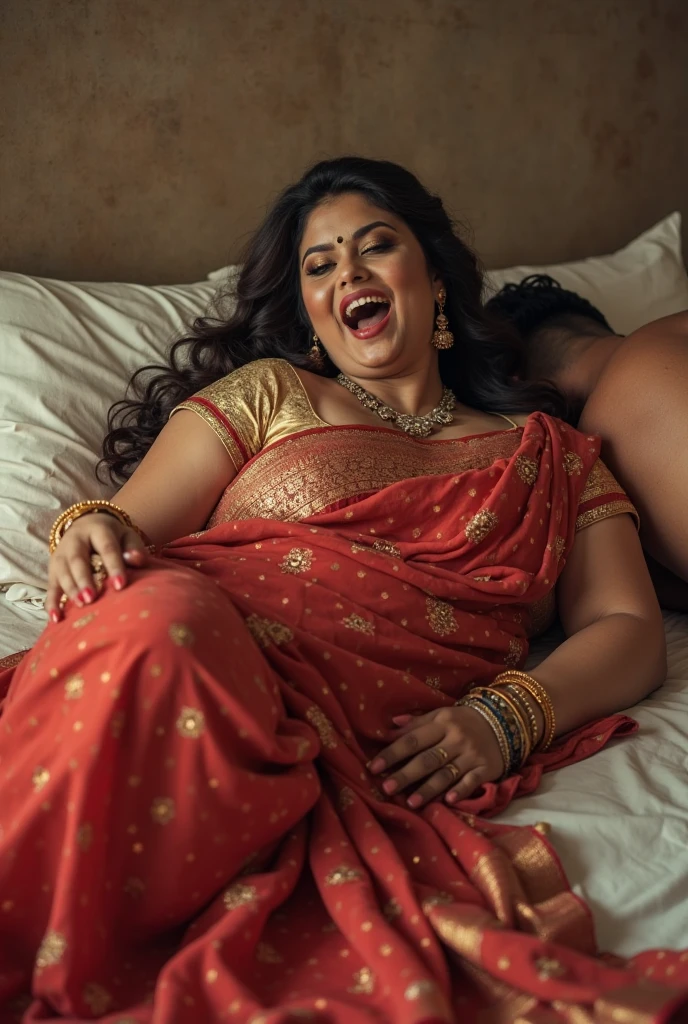 A 50 years old Indian woman,holding breasts with her hands,screaming from pain,closed eyes,extrem painful face expression,face is viewer side, putting a man's big 8 inch dick in her pussy,man's one hand in her breast,big breasts,sexy figure,big ash,laying on a bed,wearing full length v neck green color silk nighty,on breast is visible,bun hair style,glowing skin,day time,ultra realistic,8k,detailed clothing
