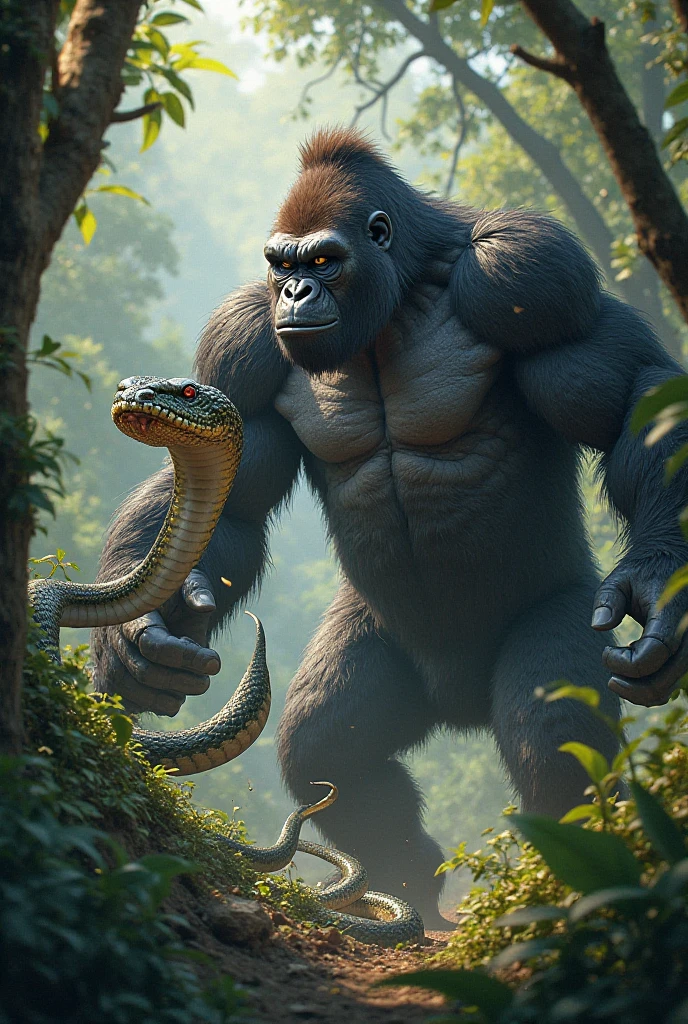 {
  "prompt": "A dramatic scene in a dense jungle where a massive, muscular gorilla faces off against a large, coiled python. The gorilla, standing tall on its hind legs, looks powerful and determined, with its fur glistening in the dim light filtering through the thick canopy. The python is poised to strike, its scales shimmering in shades of green and brown, blending with the jungle surroundings. The background features dense foliage, tall trees, and a mysterious, shadowy atmosphere. The scene captures the tension and raw power of both animals in a standoff.",
  "size": "1024x1024"
}
