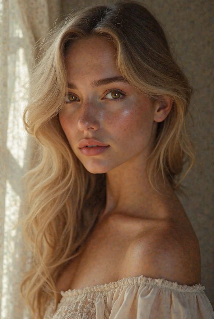 a beautiful blonde woman taking a selfie, elegant pose, golden hour lighting, warm tones, glowing skin, detailed facial features, long eyelashes, full lips, natural makeup, flowing hair, soft shadows, shallow depth of field, high quality digital art, realistic, photorealistic, 8k, detailed, masterpiece, we can see her arm taking the picture