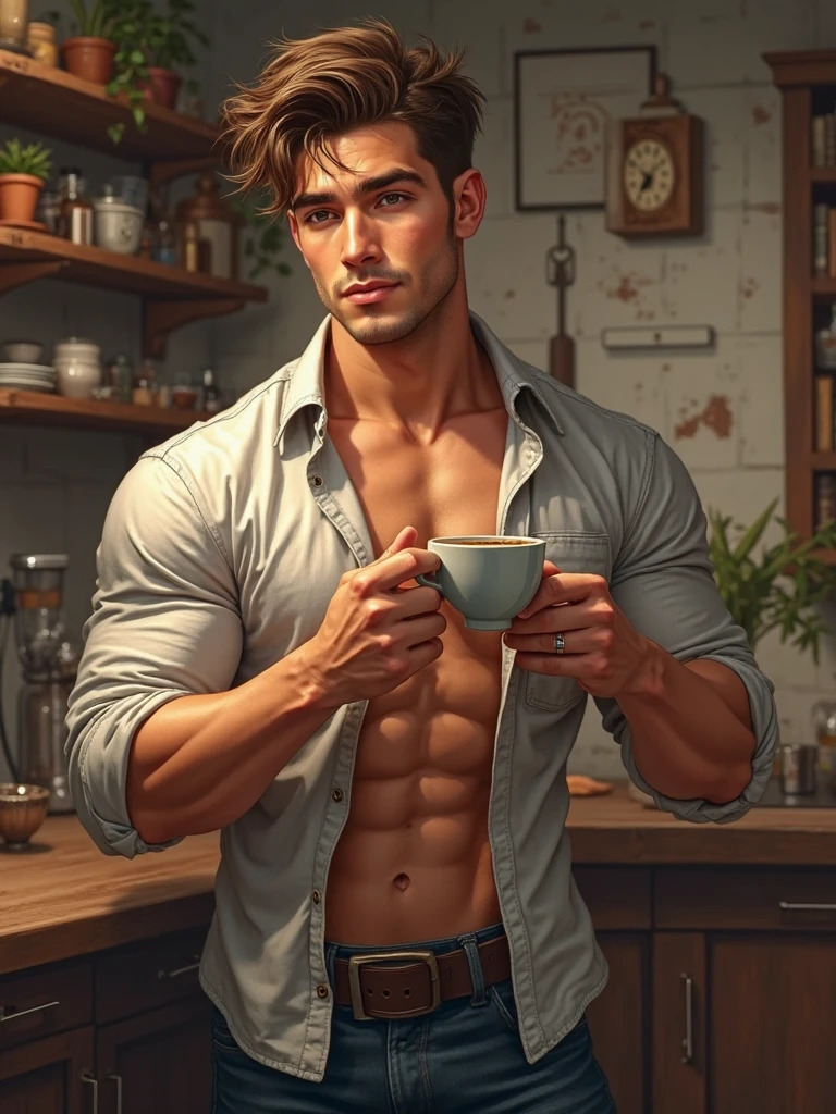 realistic, (best quality, masterpiece:1.3),  finely detailed eyes and detailed face, coffee machine, kitchen, solo mature male, tall muscular guy, silver hair, blue eyes, silver facial hair,