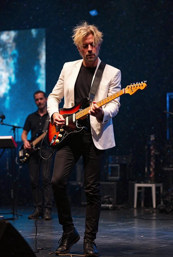 generate a full body shot imagine of a blonde guy with a messy fringe he has muscles aswell. He’s wearing a black t shirt with black pants and black dress shoes with a white linen blazer on top of the black t shirt. He’s also playing a sunburst fender stratocaster with a rosewood neck on a contemporary church stage with led screens and lights playing next to a keys player on the left of the stage