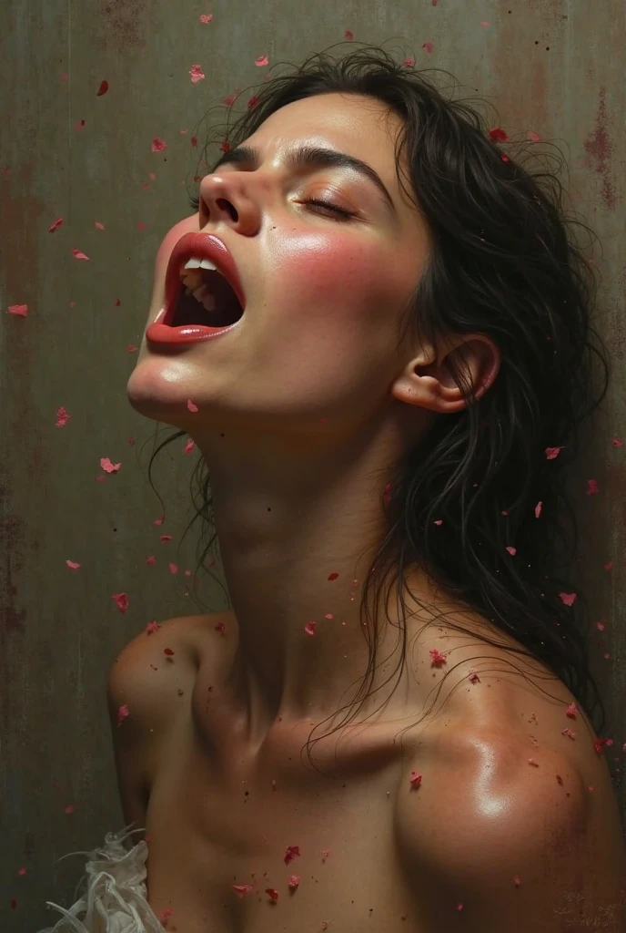 sexy girl, black long hair, nude, small breasts looking down on, cum_in_mouth, cum_on_tongue, facial, bukkake, inspired by Bill Sienkiewicz