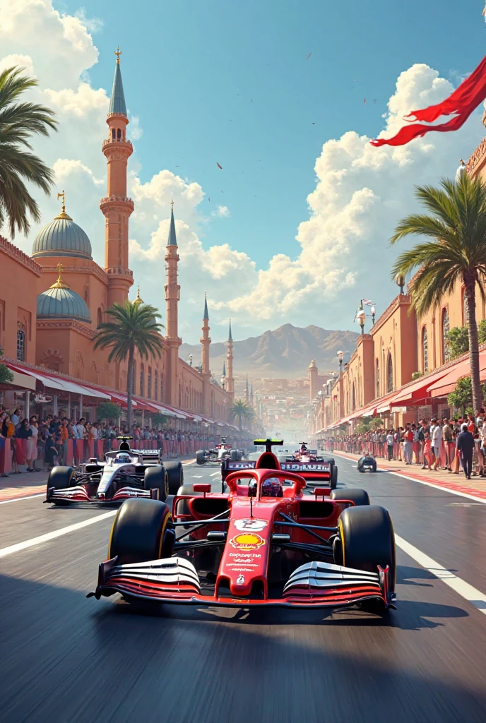 Could you please make a promotional image for the Formula 1 Qatar Grand Prix?, with the national colors, and elements of that place, All in the format of a Muslim tapestry, thank you very much