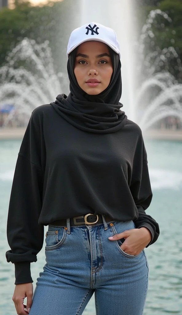 a young fashionable woman wearing a hijab, in a urban city, wearing a plain black hoodie, 2:3 ratio, modest, standing facing the camera looking at the camera, model, fashion
realistic photography