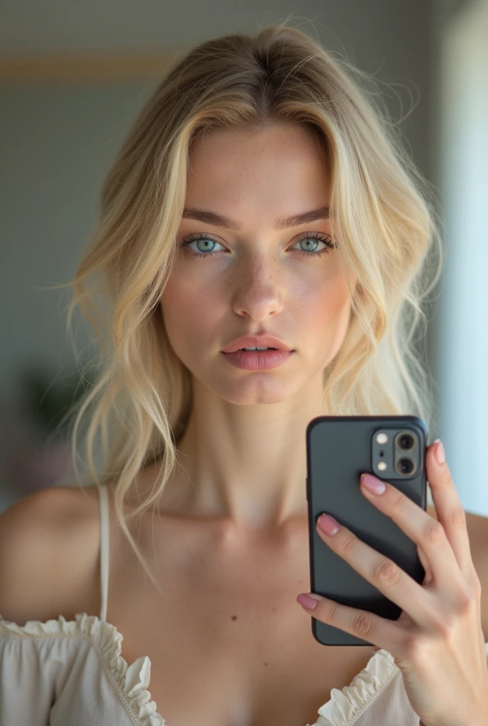 (best quality,realistic:1.37),portrait,"blonde girl" taking selfie, front of a mirror, phone front of face, big tits, no makeup, 13 years old, messy room, black top