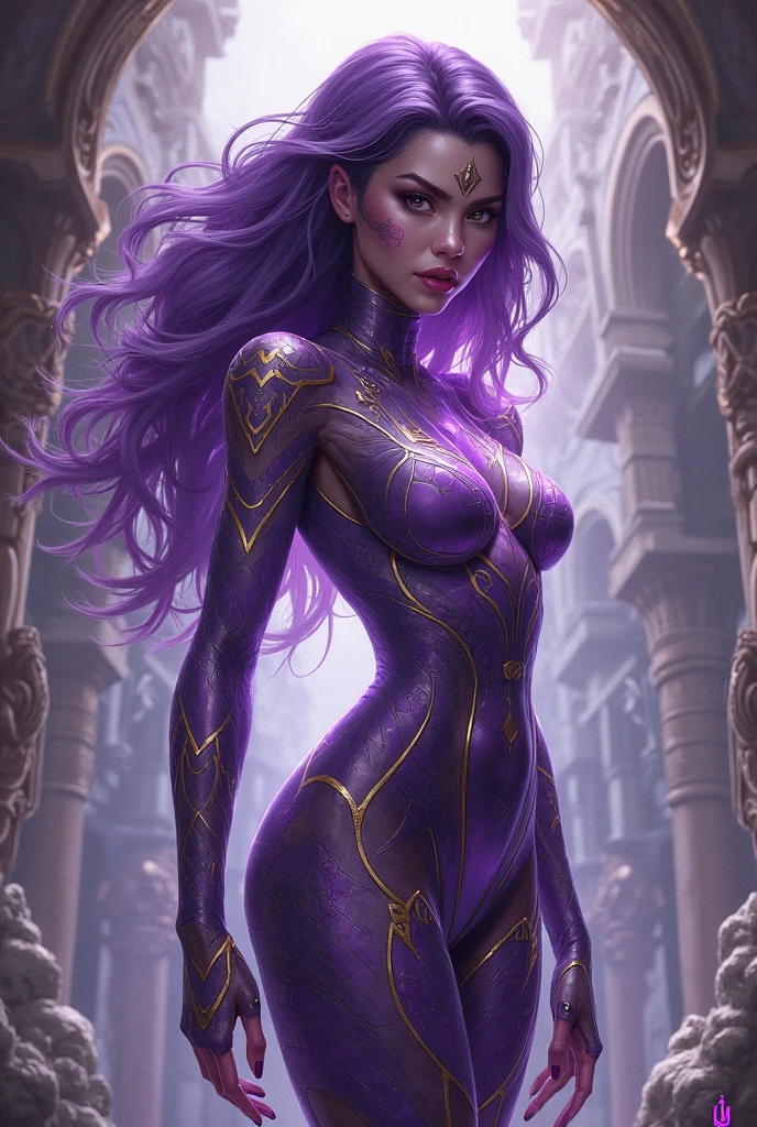 ((Best quality)), ((masterpiece)), (detailed: 1.4), (Absurd), perfect face, Hot Latin woman fighter pilot ready for war, dark skin, lightning and lightning, muscular sculptural body defined, Wolverine mask, ((((full body))), half-thick bare thighs, closed mouth, muscular body covered in purple technological clothing, Neon Genesis Evangelion style, cyberpunk, generous neckline, ((perfect small breasts)), (lilac eyes),  ((totally purple clothing with golden rays)), (((short dark purple straight hair)))), long black eyelashes heavy makeup, garter belt, niji --V5, close to real, psychopath, crazy face, sexy pose, red and white background, 2 pieces clothing, centered, scale to fit dimensions, HDR (High Dynamic Range),Ray Tracing,NVIDIA RTX,Super-Resolution,Unreal 5,Subsurface dispersion,  PBR Texture, Post-processing, Anisotropic filtering, Depth of field, Maximum clarity and sharpness, Multilayer textures, Albedo and specular maps, Surface shading, Accurate simulation of light-material interaction, Perfect proportions, Octane Render, Two-tone lighting, Wide aperture, Low ISO, White balance, Rule of thirds, 8K RAW, crysisnanosuit