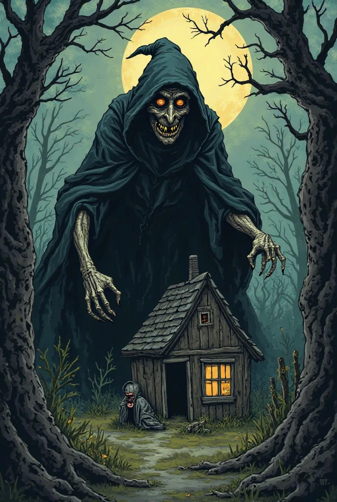 a closeup of a house with a skeleton at the entrance, just kidding, Por Justin Gerard, brooding and gloomy art style, full color digital illustration, as if, by Ryan Yee, witch hut, grim Reaper, emerging from a crypt, cruel death, dug stanat macabre art, el bosco and dan mumford, matte digital illustration, Featured art