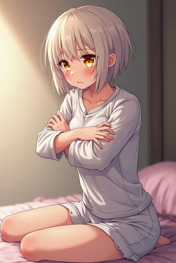 Very cute 15 year old girl, ((Oversized Y-shirt))、(Golden hair colour、Light pink inner color hairstyle、Hair expressed with a delicate touch), Beautiful Hair, Facial Contour, Remember, Hotel, splash, Lens flare、moonlight、illumination、Natural Color, High resolution, Very delicate, Very detailed, 8k、Shyness,((Sexual)),((A naughty feeling)),smile、Chest to face angle、View angle from knee height、Facing forward