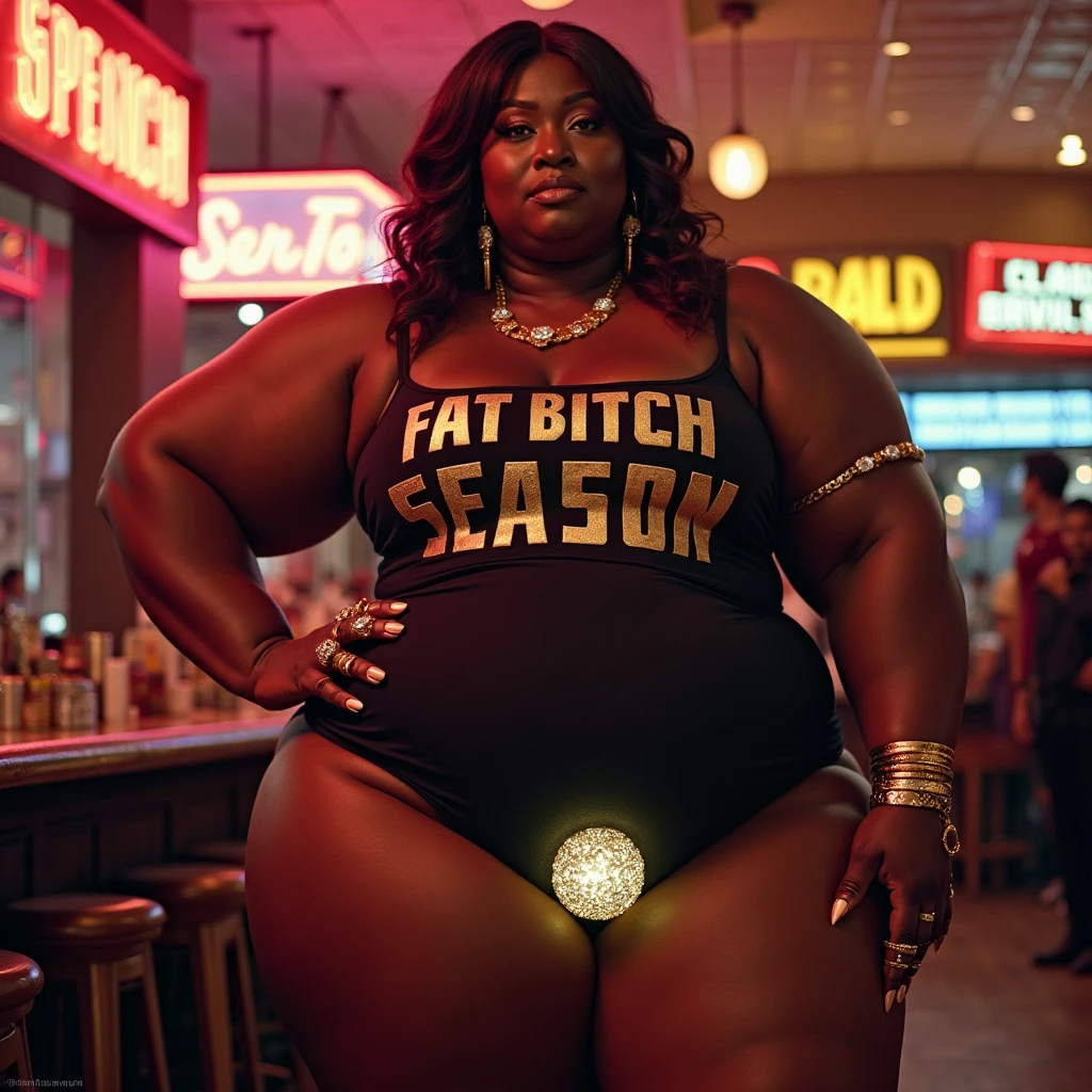 Old fat Woman, sixty years old, fat body, Black skin, african style , short hair, almost naked body, ((fullbody view)), about 5 meters way camera, wearing a big pair of glasses, thick lips, drinking a Glass of beer, showing her small and large waist, standup close a graffiti wall, at the night, Full moon in sky, rainny night, in an alley of Brazilian street, near to trash