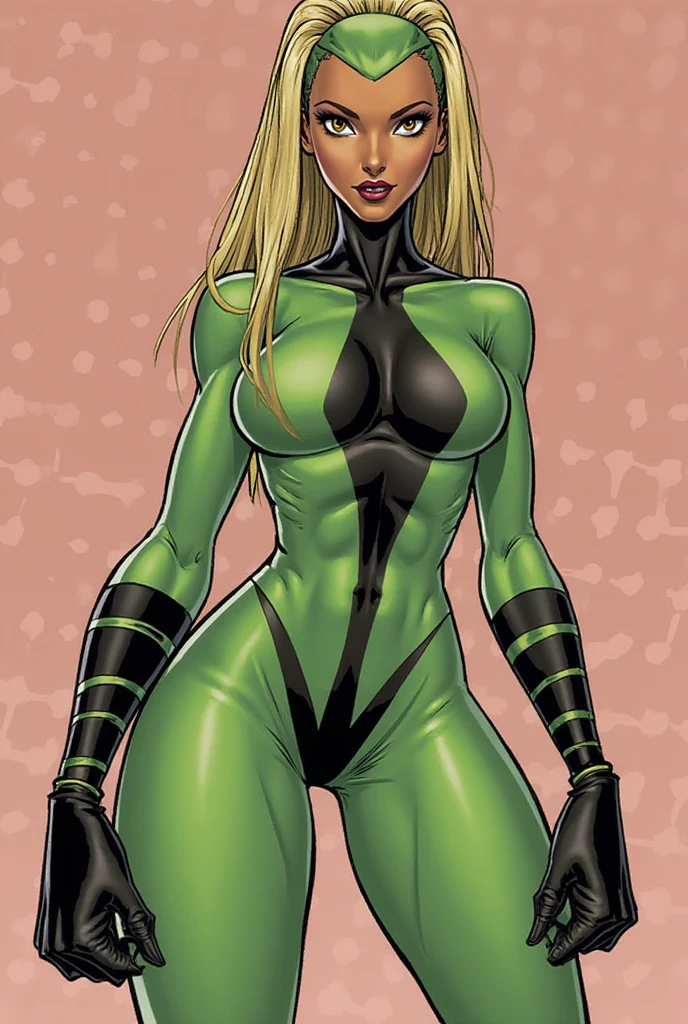 ((masterpiece)),(((best quality))),((character design sheet)), ((full body view)) illustration,1girl, Sexy busty bimbo, ((green latex bodysuit:1.5)), superhero, (blonde stylish hai:1.4), ((detailed face:1.4)) green boots, (puffy lips:1.3), ((enormous fake biggest breasts :1.8, cleavage:1.5)), pose, 8k,16k, (simple background, white background: 1.3)