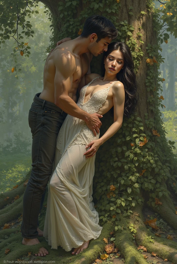 ((best quality)), ((masterpiece)), (detailed), ((1girl, nightgown, beautiful, white woman, green eyes, black hair full body)) extremely high quality face, 1werewolf beast holding the woman, dark forest full moon amazing quality dark atmosphere magical aura paranormal, werewolf arm around womans torso clawing at womans bodice, drama, action pose, woman struggling against werewolf
