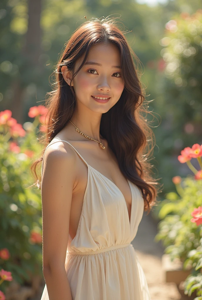a beautiful young asian woman with a slim body, elegant dress, flowing hair, delicate facial features, intricate makeup, serene expression, outdoor garden background with flowers and natural lighting, (best quality,4k,8k,highres,masterpiece:1.2),ultra-detailed,(realistic,photorealistic,photo-realistic:1.37),intricate details,vibrant colors,cinematic lighting,portrait,elegant,ethereal