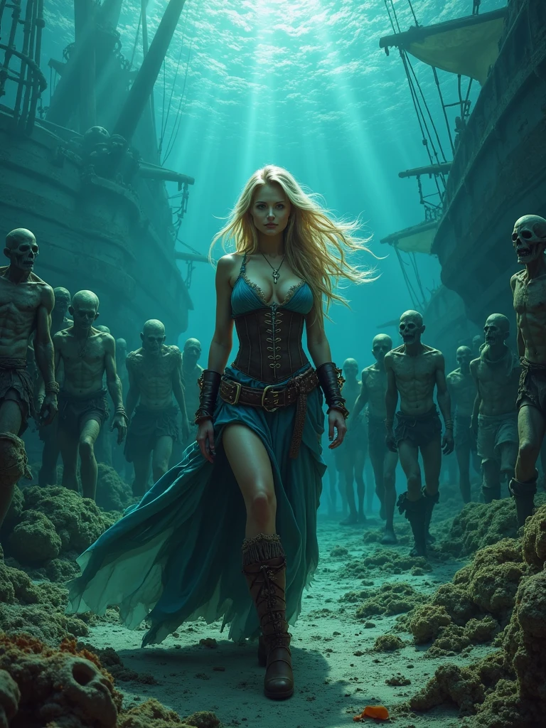 (Top Quality, 4k, 8k, Hi-Res, Masterpiece:1.2), (Super Detailed, Realistic, Photorealistic:1.37), Severe Situation:1.1, (A scene from ancient Greek mythology, in the foreground, a man with both hands and feet bound in chains and chained to a quay. The naked body of Andromeda, a blonde-haired, blue-eyed beautiful girl lying on her back, is in great focus from behind, as the naked Princess Andromeda writhes without being able to free her limbs:1.6), in the distance the upper body of a giant man-eating monster, the Kraken, emerging from the ocean in the background, life-threatening scene, Medium: Illustration, Detailed illustration, Digital illustration, Strong shading, Strong textures: 1.1 Additional details : Creepy atmosphere, eerie clouds, dark lighting, murky water, heavy locked chains, desperate expression of the princess, eyes full of fear, bare feet covered in scars, bloody wounds on the princess's body , muscles rippling on the monster's upper body, scales glowing in the sunlight on the monster's body Artistic style: dark fantasy, frightening, mythical creature, dramatic composition Tonal tone: spooky, red and blue Lighting hints: scene The eerie moonlight casts haunting shadows, the spotlight shines on the princess and the monster. (NSFW:1.4)
