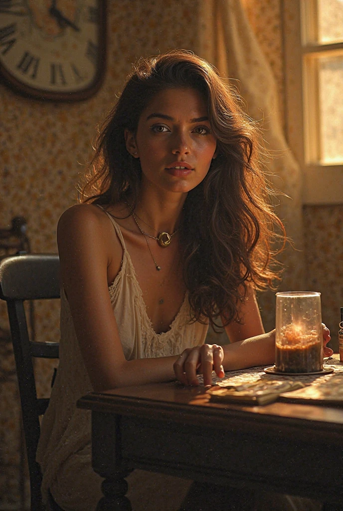 Realistic Bohemian tattoed woman with long wavy brunette hair. Set in a Bohemian style background