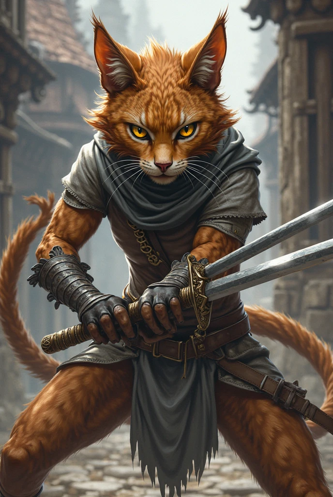 Uni Tabaxi Picara with brown fur eyes yellow cats, shorter cat ears holding two daggers in combat position medieval fantasy anime style