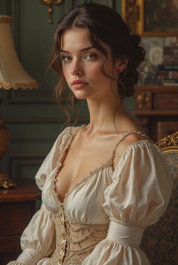 Beautiful latina woman perfect body short brunette hair,  dressed in elegant victorian era 19th century American colorful conservative formal studio lighting,  beautiful outdoor background 