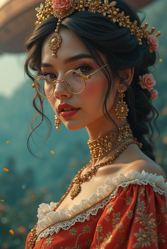 a woman wearing red sunglasses, detailed portrait, city skyline with twinkling lights, HD lighting, Thomas Kinkade, François Boucher, William Powell Frith, Viktor Vasnetsov, Alois Arnegger, beautiful detailed eyes, beautiful detailed lips, extremely detailed eyes and face, long eyelashes, intricate, hyperrealistic, cinematic lighting, dramatic atmosphere, vibrant colors, warm tones, glowing lights, ornate details, masterpiece, photorealistic, 8K, best quality