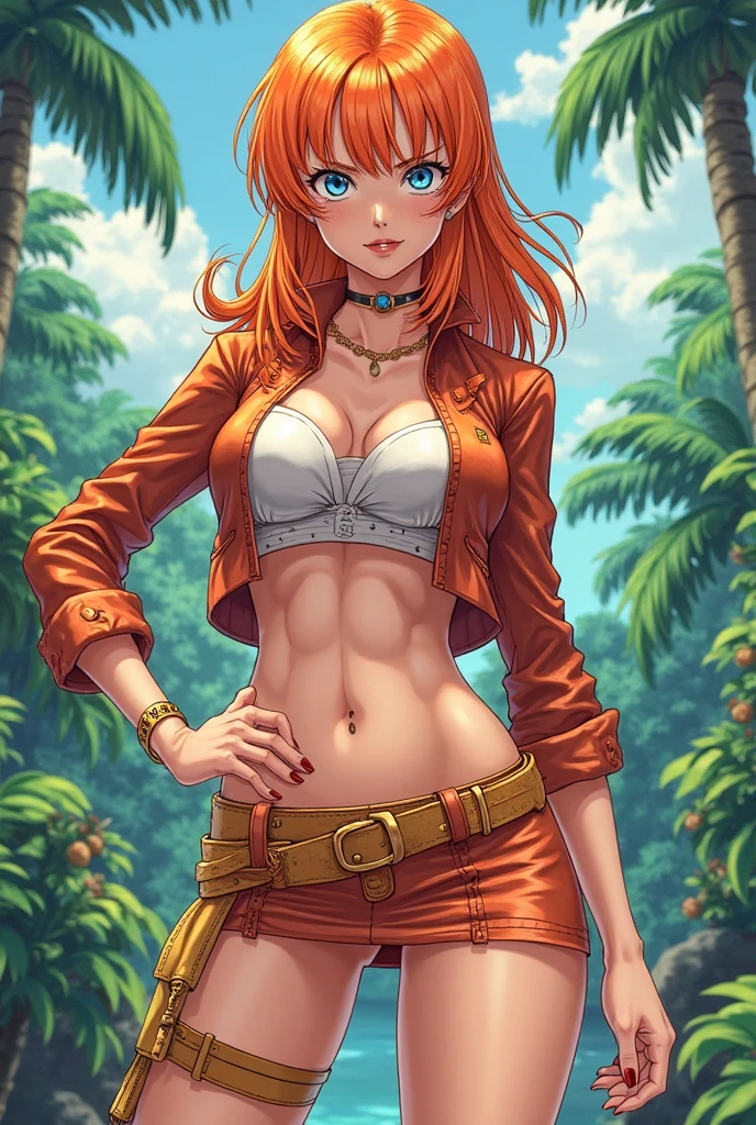 Sunsethuman, Sunset Shimmer, Sunset Shimmer from my little pony, Sunset Shimmer in the form of a girl, medium breasts, lush breasts, voluminous breasts, elastic breasts, five fingers, detailed hands, two hair tones, red-yellow hair, happy face, Walking through the park, benches, trees, red bra, leather jacket, unzipped shorts, red underwear, sunglasses, smiling, peace sign gesture