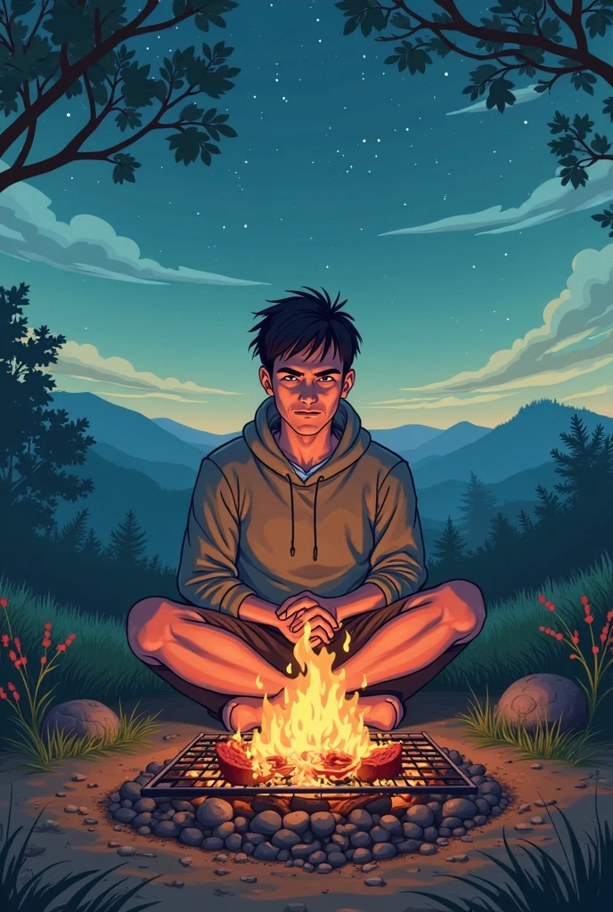 a cocky confident fuckboy sat shirtless by a campfire, rainbow neon colors, silhouette, illustration