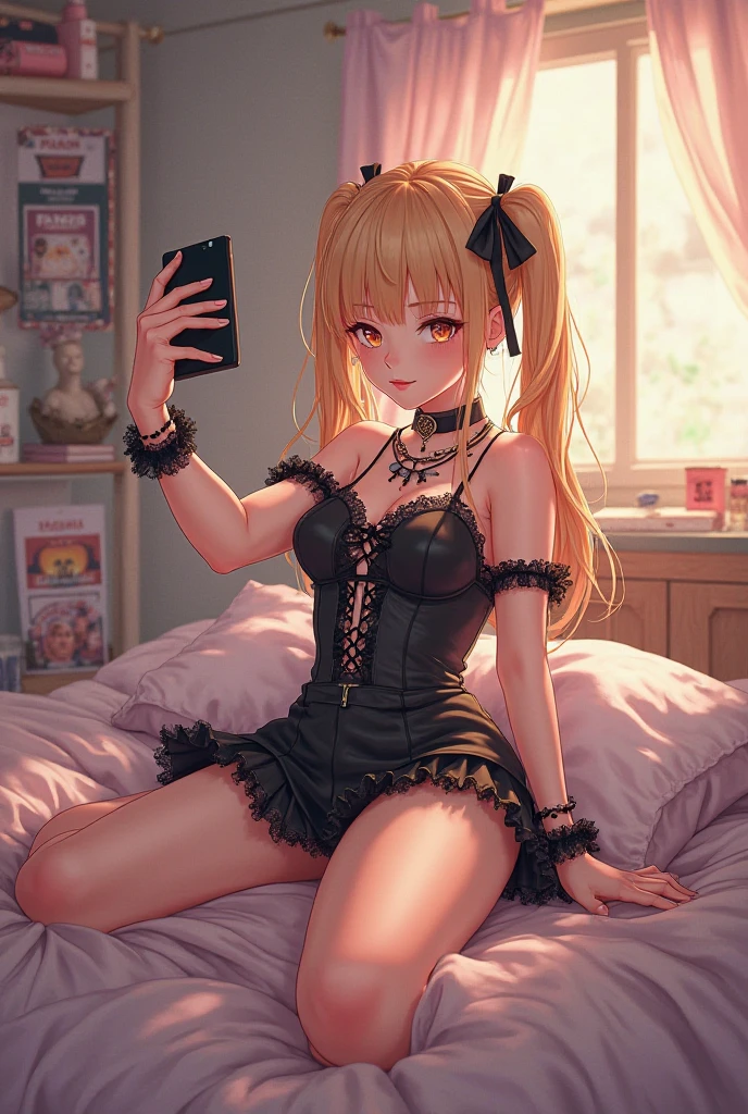 anime - style illustration of a woman in lingerie with a cell phone, lineart by Shitao, pixiv, rococo, 2b, 2 b, [ 4 k digital art ]!!, , seductive anime girl, from girls frontline, commission for high res, fine details. girls frontline, thicc,  in dress, blonde hair, long hair with pony tail, hair ornament,