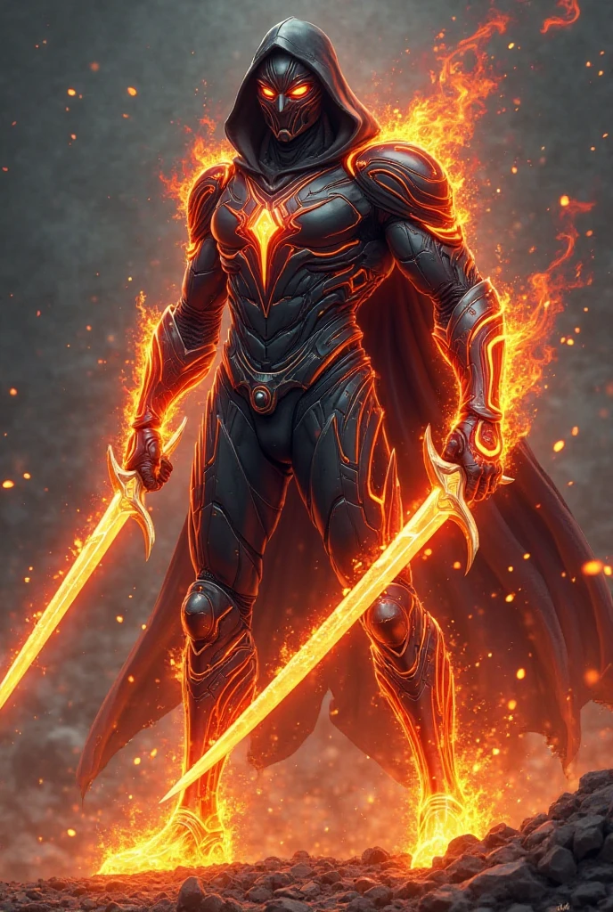 A man with an superhero dress and superhero mask on his head and winter sword and summer sword in another hand